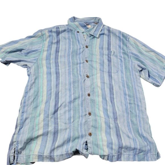Tommy Bahama Shirt Mens XL Blue Floral Stripe 100% Silk Beach Button Up Flaws* - Picture 1 of 8